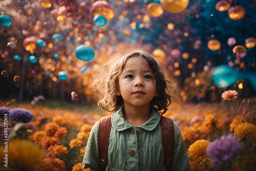 A little kid is walking through Flower Road and is wondering at the sight of balloons and bubbles