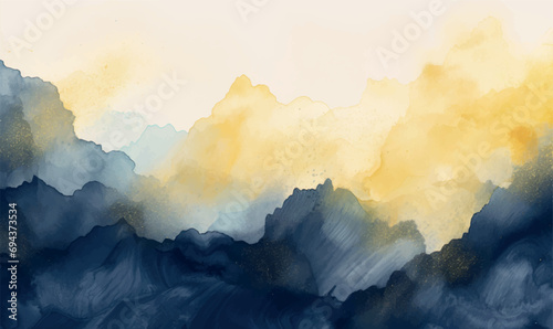 Vector watercolor abstract background, navy blue and mustard yellow colors