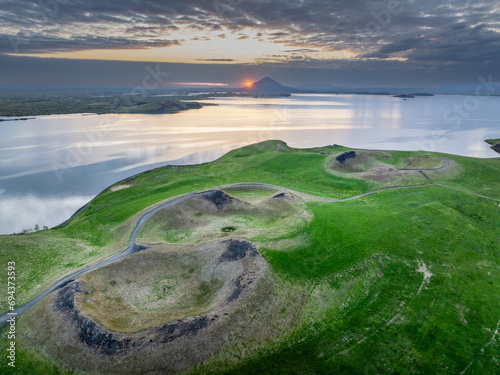 Aerial photography of Lake Myvatn, Iceland, volcanic landforms