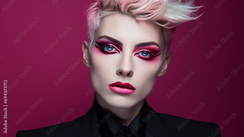 Stylish model with bold makeup and pink hair on a crimson backdrop. Perfect for beauty and fashion projects.
