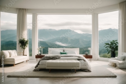A beautiful large white bedroom with a bed, indoor plants, large windows and a beautiful view of the mountains, nature with clouds. Modern interior design, resort hotel, private house concept.