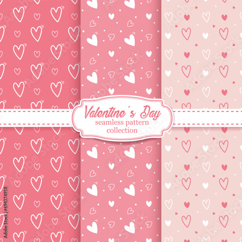 Set of seamless patterns for Valentine's Day. It is a cute seamless pattern with hearts on a pink background. Lovely hearts for Valentine's day. Love. Vector background. Printing on fabric, clothing.