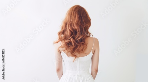 A girl with red hair with her back to the camera, on a gray plain background.