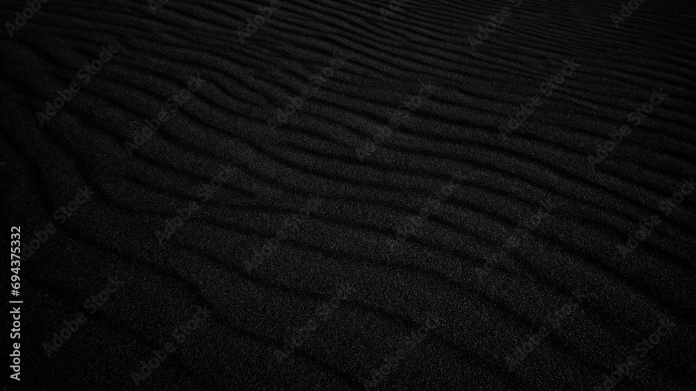 Black Sand dune. Black Sand beach macro photography. Background, texture, wave pattern of oceanic sand on the beach, black. Texture of beach sand. Black beach. - obrazy, fototapety, plakaty 