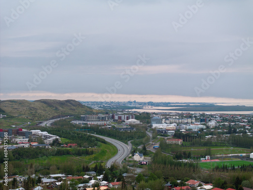 Aerial photography of Reykjavik cityscape in Iceland