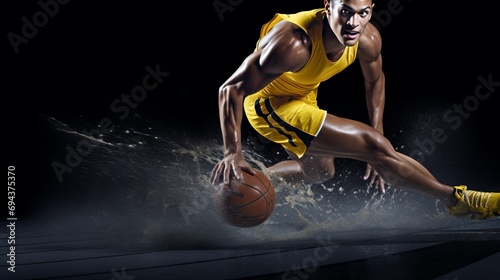 Determined basketball player in action on a dark background with dynamic splash effects. photo
