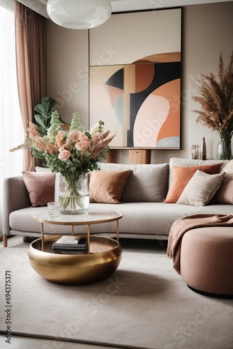 The modern interior of a cozy living room with a sofa, pillows, flowers in vases, carpet, large windows. Design, comfort, home concepts. © liliyabatyrova