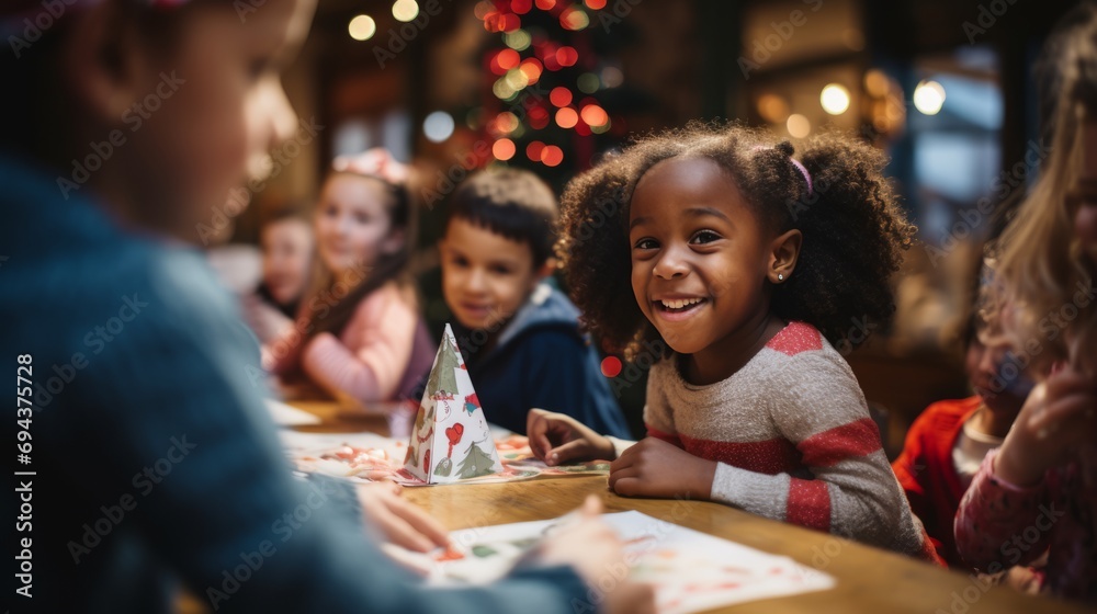 Children coloring papers with pencils at a Christmas-themed table Children coloring papers with pencils at a Christmas-themed table