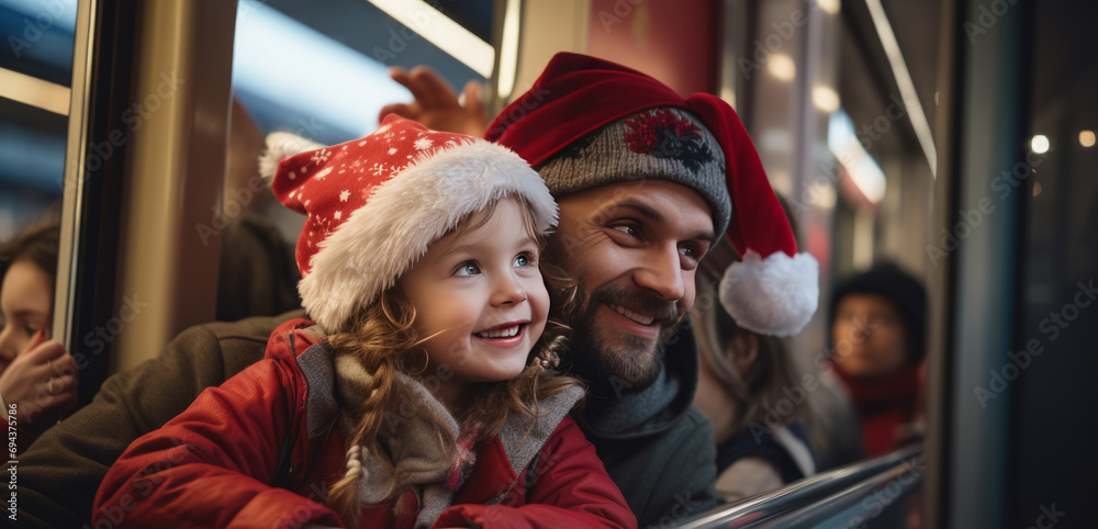 Two people father and daugther wearing Christmas hats are close together in a warmly lit public transport vehicle during the holiday season.
