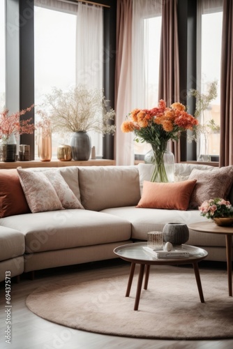 Modern interior design of the living room, hall with a bright sofa, large windows, carpet, flowers in vases.