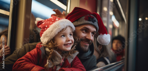 Two people father and daugther wearing Christmas hats are close together in a warmly lit public transport vehicle during the holiday season. photo