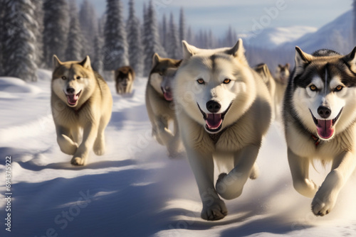 A team of husky sled dogs runs along a snowy wild road. Sleigh ride with a husky through the winter countryside. Husky dogs in a team in a winter landscape.