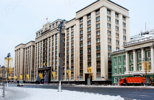Moscow, Russia - December 16,2023: State Duma in Moscow. Winter.
  The building of the State Duma of the Federal Assembly of the Russian Federation. This is a large beautiful building within walking d