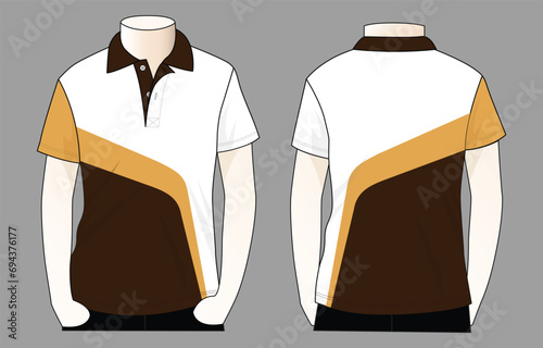 Short sleeve polo shirt with white-cream-brown design on gray background.Front and back view, vector file