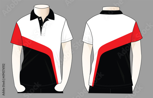 White-red-black Short sleeve polo shirt design on gray background. Front and back views, vector file.
