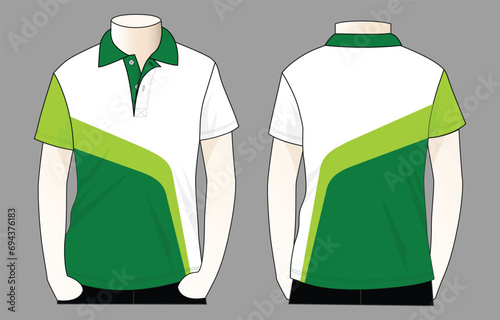 Short sleeve polo shirt with white-green design on gray background.Front and back view, vector file