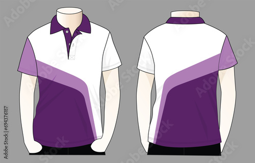 Short sleeve polo shirt with white-purple design on gray background. Front and back view, vector file photo