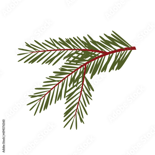 Green lush spruce or pine branch. Fir tree branch isolated on white vector christmas element.