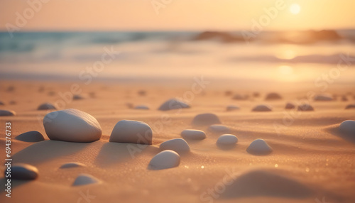 sand beach at sunset with rocks