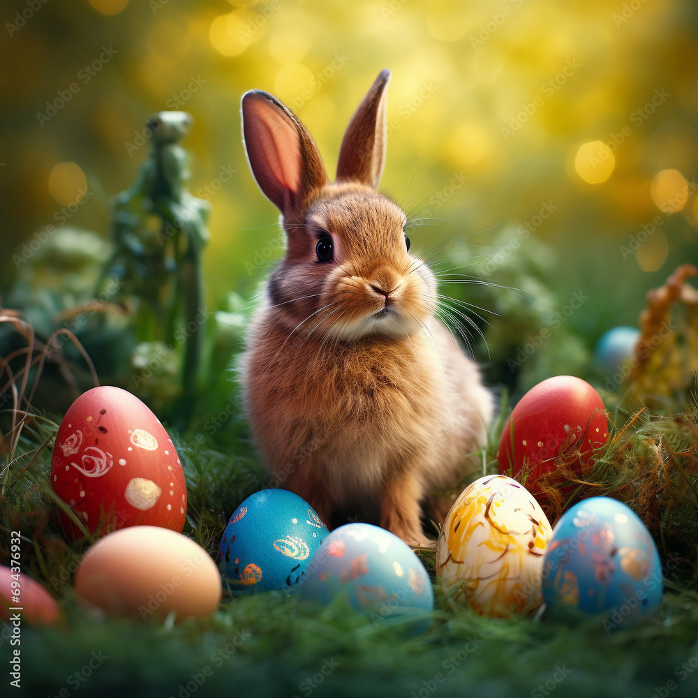 Playful Rabbit Discovering Colorful Easter Eggs in a Charming Springtime Scene Playful Rabbit Discovering Colorful Easter Eggs in a Charming Springtime Scene