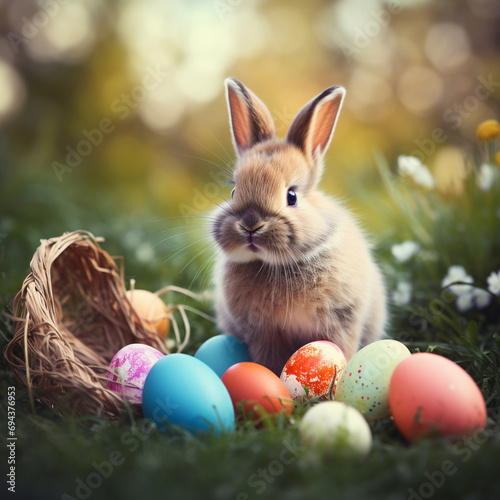 Playful Rabbit Discovering Colorful Easter Eggs in a Charming Springtime Scene
