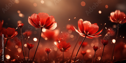 Red flower background. Floral wallpaper. Close up of spring flower meadow or garden with sunlight bokeh.