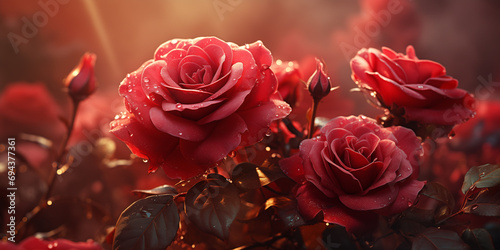 Red rose flower garden background. Floral wallpaper, banner. February 14, valentine's day, mother's day theme.