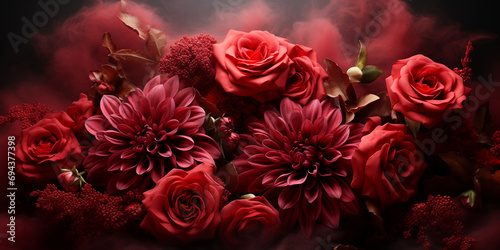 Red flower background. Floral wallpaper, banner. Roses and chrysanthemum flowers. February 14, valentine's day theme.