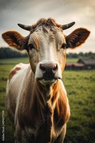 Close-up of a cow looking at a camera in a barn.