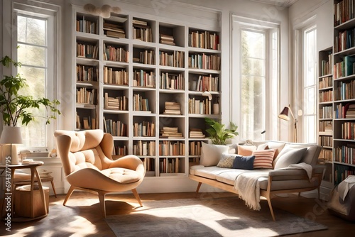 A sunlit reading nook with a comfortable armchair, a floor-to-ceiling bookshelf, and soft throw pillows.