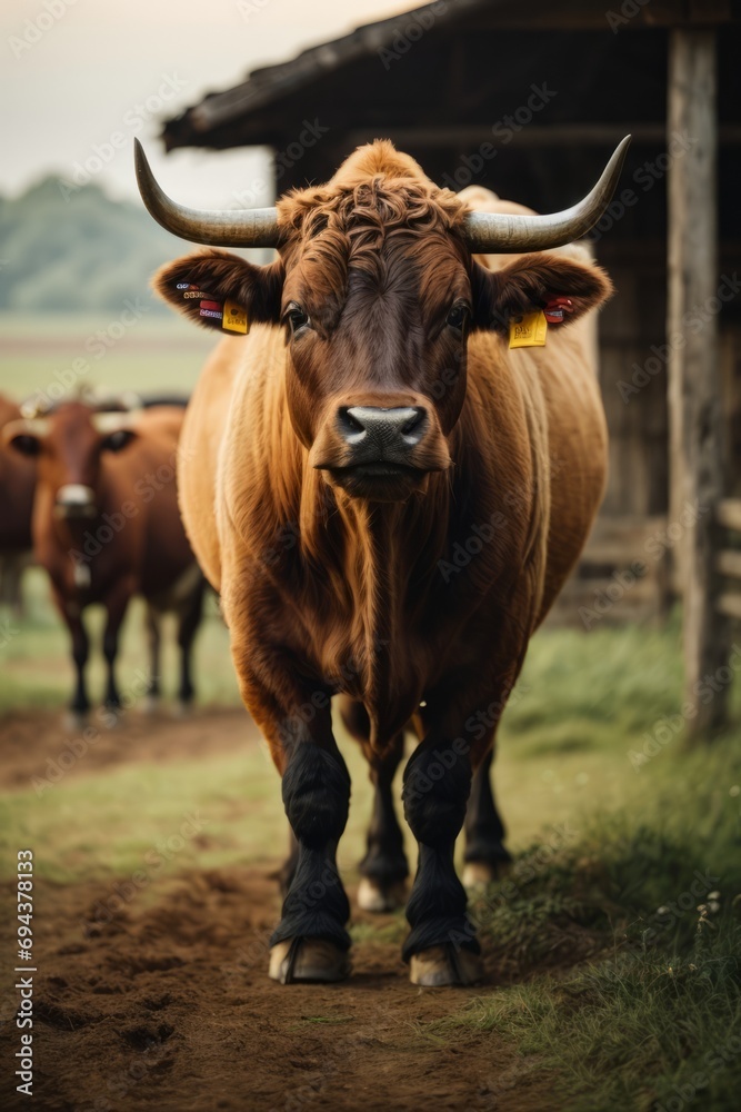 A lot of brown cows with long horns in the barn. Farm, pets, agriculture.