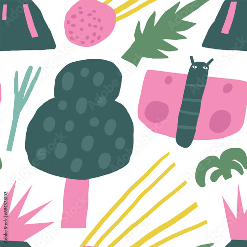 Cute dinosaur theme seamless pattern. Funny hand drawn doodle repeatable pattern with plants, trees, comet, butterfly, volcano. Jurassic period, era background with extinct animals