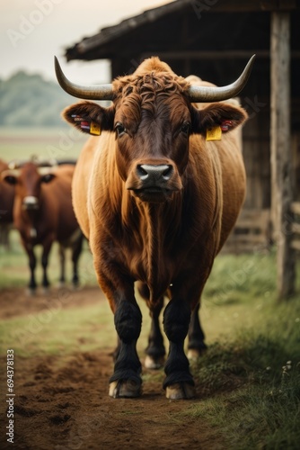 A lot of brown cows with long horns in the barn. Farm, pets, agriculture.