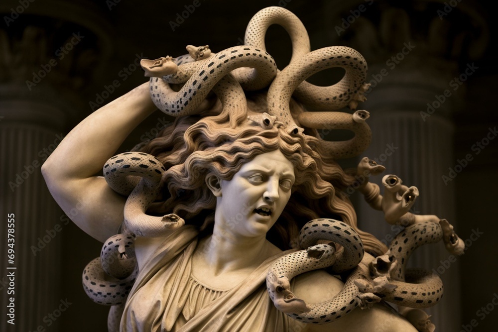 A Greek mythology creature with snakes for hair fights while petrifying her enemies. Generative AI