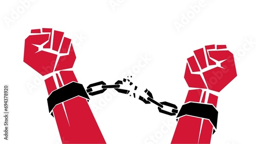 Hands breaking Slavery Abolition Chains resistence icon. fight against slavery. Abolition chains. In red, isolated. photo