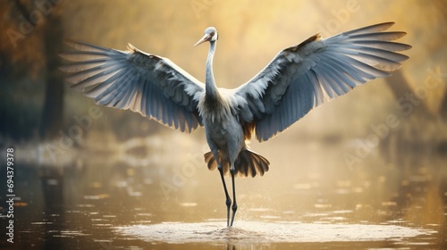 A crane dancing gracefully, its long legs and neck in elegant motion. © irfana