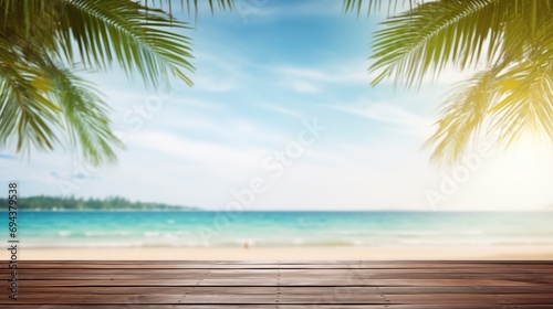 Empty wood table with tropical sea with palm leaves  Background with copy space for product display  Summer vacation  generative ai