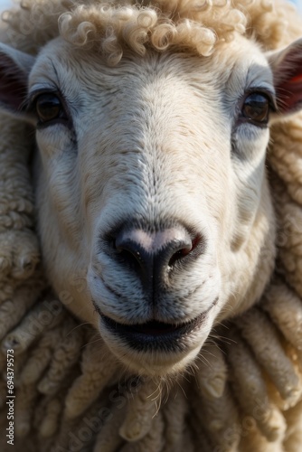 A close-up portrait of a beautiful white sheep with curly hair looking directly into the camera. Pets, farm concepts.