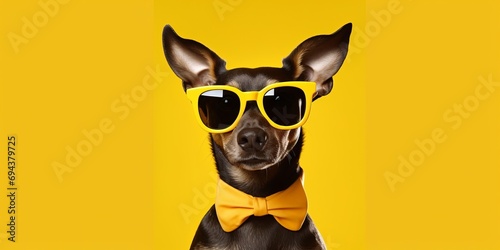 Dog wearing sunglasses isolated on yellow background. Generative AI  © The Picture Show
