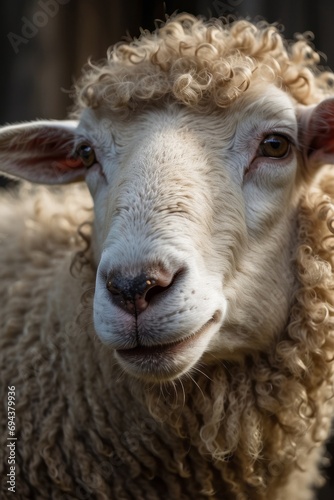 Close-up portrait of a beautiful white sheep with curly hair in nature. Pets, farm concepts.