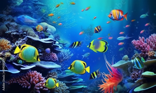 Animals of the underwater sea world. Ecosystem. Colorful tropical fish. Generative AI  © The Picture Show