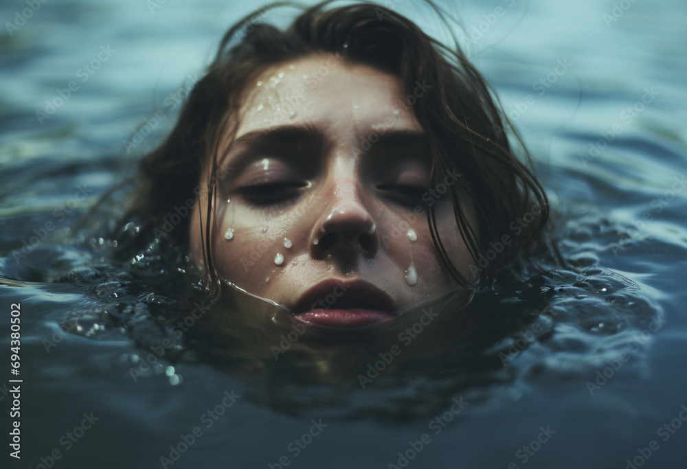 A woman closed eyes with her face down in the water,  a woman is drowning in a stream, somber mood 