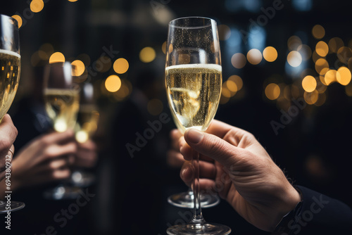 Closeup of hands holding glasses of champagne Ai generated