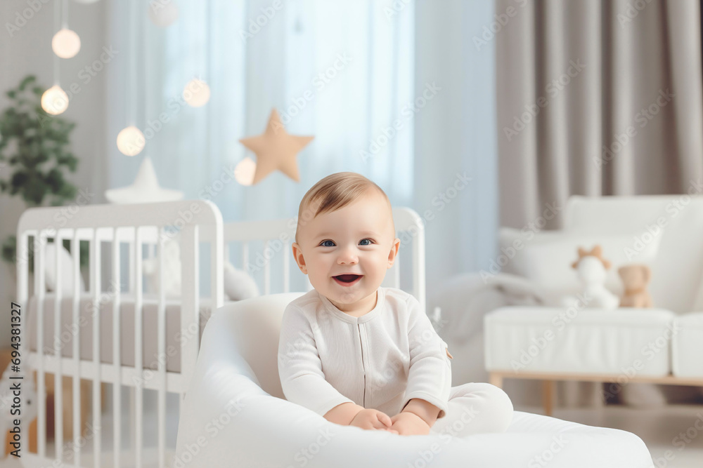 Smiling cute baby sitting on a soft chair near baby crib, bright children's modern room in beige colors Smiling cute baby sitting on a soft chair near baby crib, bright children's modern room in beige colors