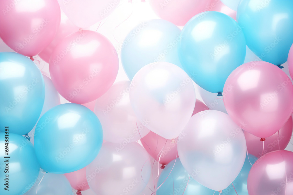 Background with pink and blue pastel colored balloons, baby arrival, birthday card