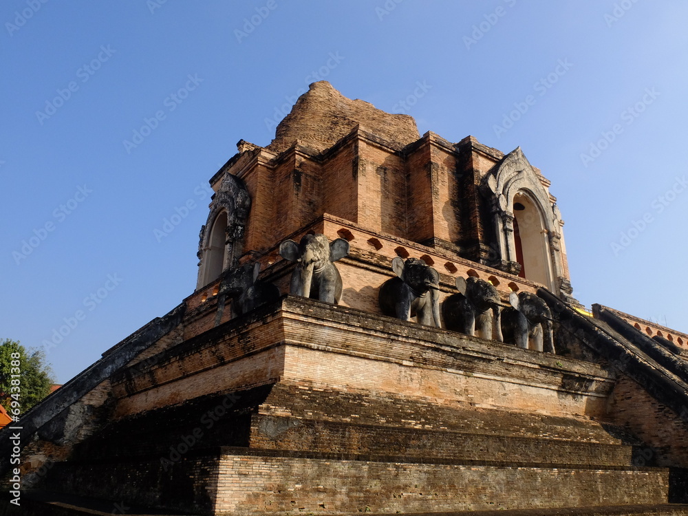 Ancient pagoda architecture in Chedi Luang Worawihan temple, Chiang Mai, Thailand.