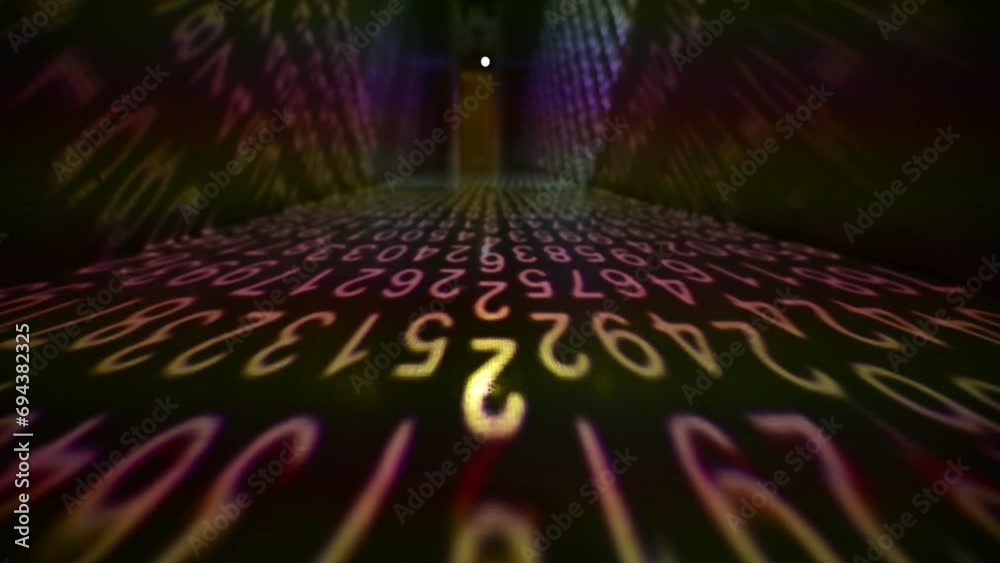 A tunnel of light made of numbers. Banking concept. Digital digit light tunnel show. Numbers in the digital age.