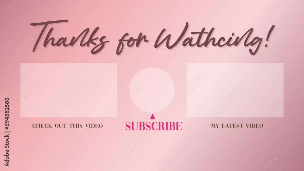 Animated thanks for watching cute pink YouTube End screen outro video. 