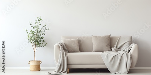 Minimalistic living room decor with gray blanket on beige couch and a pillow leaning against white wall.
