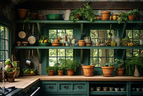 flowers in pots in a rustic kitchen vintage decor © Umail